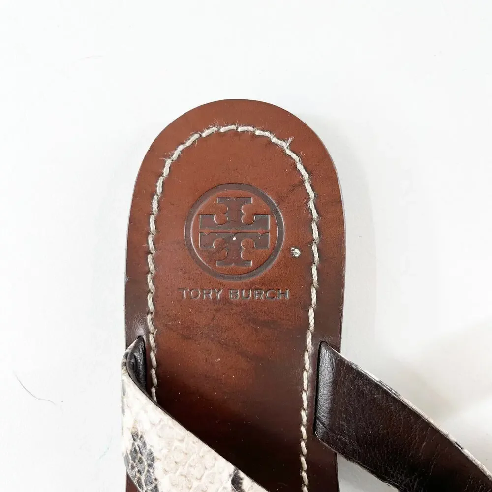 Tory Burch Cameron Snakeskin Embossed Leather Flat Thong Sandals Brown 7